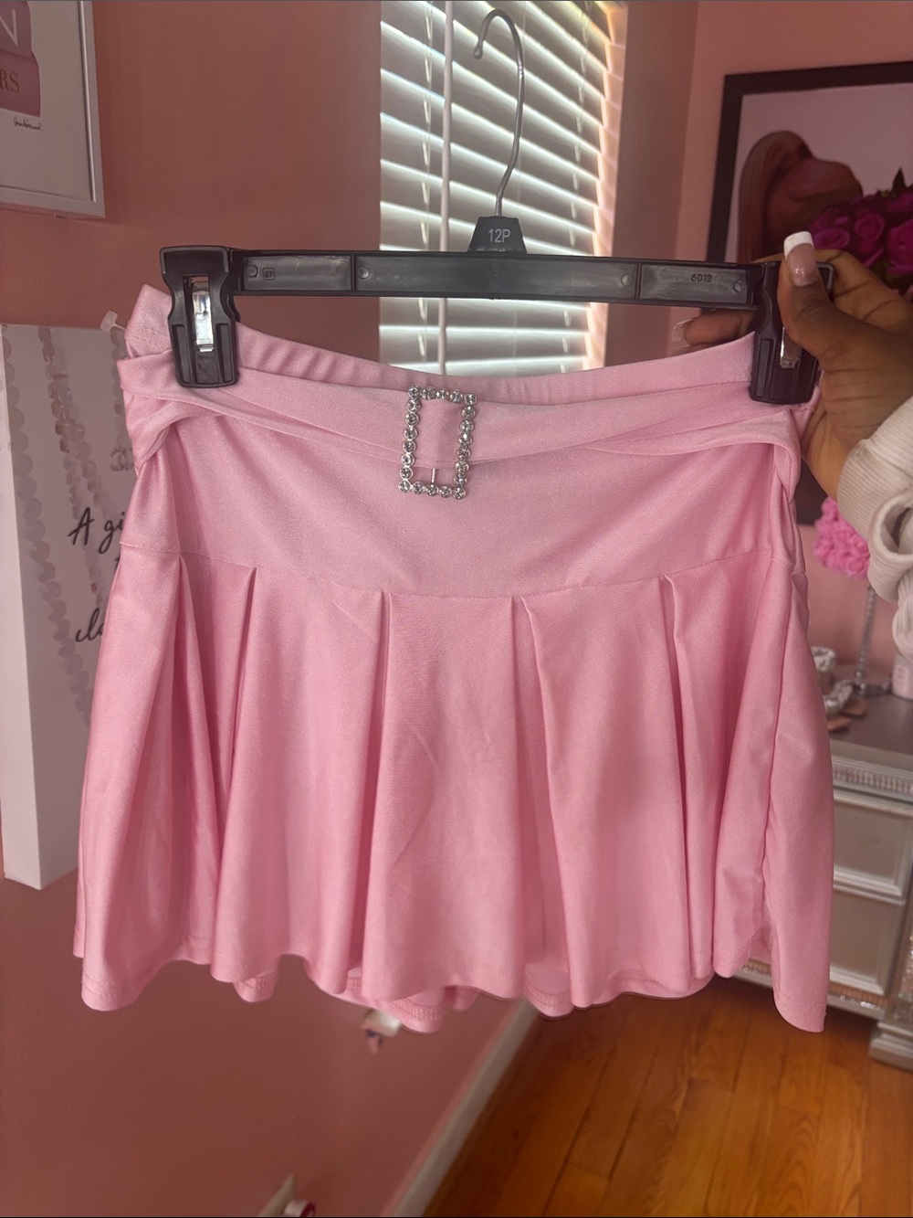 SHEIN Pink Pleated Skater Mini Skirt with Rhinestone Buckle